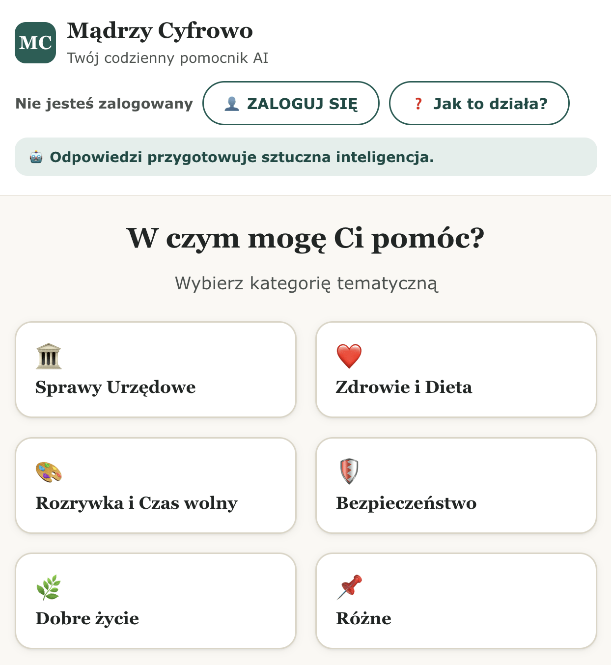 Ekran aplikacji Mądrzy Cyfrowo z odpowiedzią asystenta AI